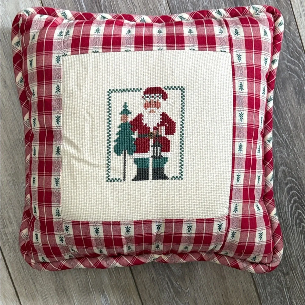 Festive vintage embroidered Red and Cream Santa Holiday Pillow